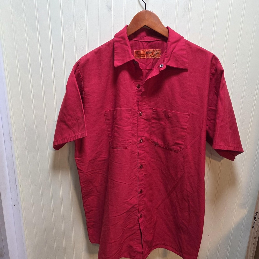 Red Kap Shirt Mens Large Red Solid Short Sleeve Work Button Up Pockets Casual